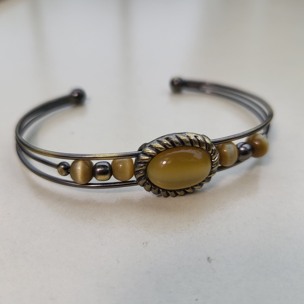 Vintage Cuff Bracelet Yellow Bronze Cat's Eye Bead Triple Wire - Picture 5 of 7